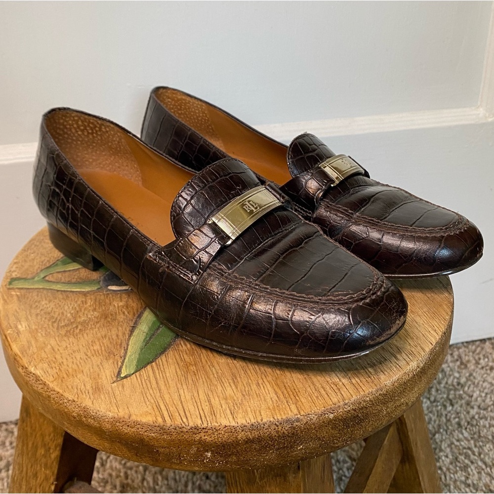 Ralph Lauren Dark Brown Croc-Embossed Flats